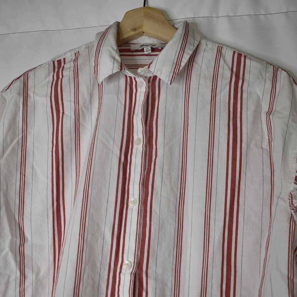 Madewell Women's Top Button Up Striped Central Ruffle Sleeve White Red - Picture 2 of 6